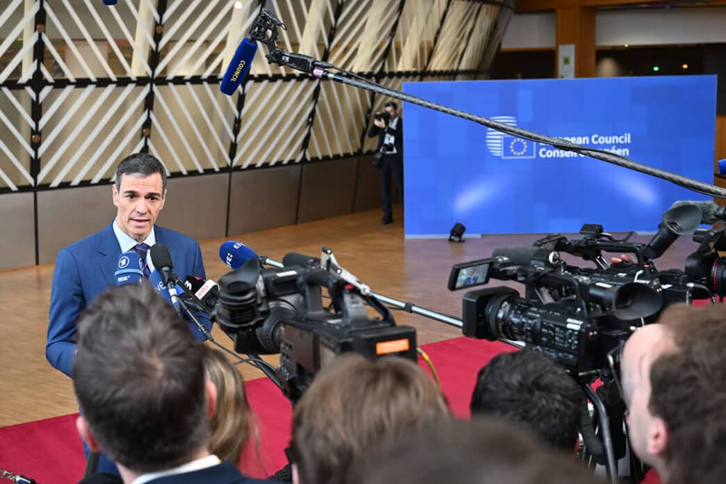 Pedro Sánchez en declración a medios en el Consejo Europeo, Bruselas.