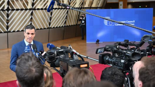 Pedro Sánchez en declración a medios en el Consejo Europeo, Bruselas.