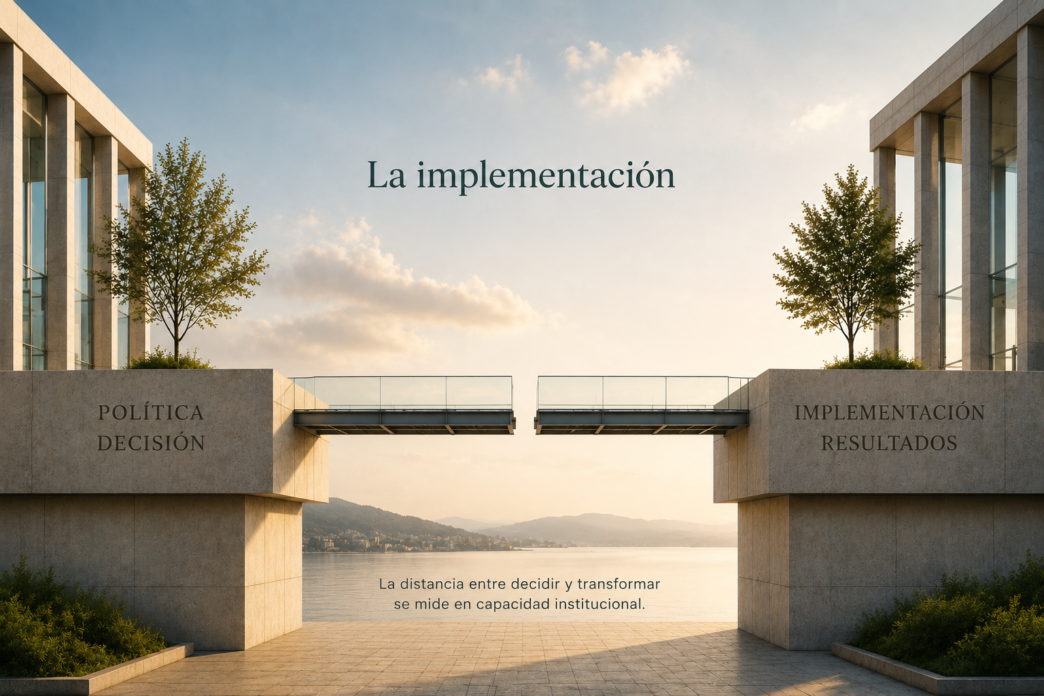 Ilustración conceptual de dos estructuras institucionales que representa el desafío de la implementación de las políticas públicas.