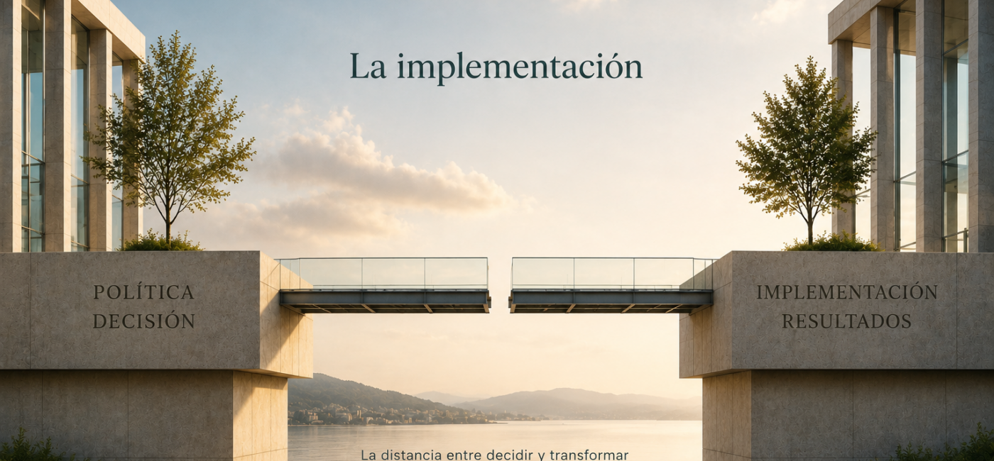 Ilustración conceptual de dos estructuras institucionales que representa el desafío de la implementación de las políticas públicas.