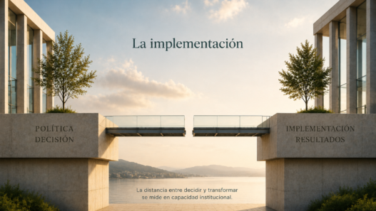 Ilustración conceptual de dos estructuras institucionales que representa el desafío de la implementación de las políticas públicas.