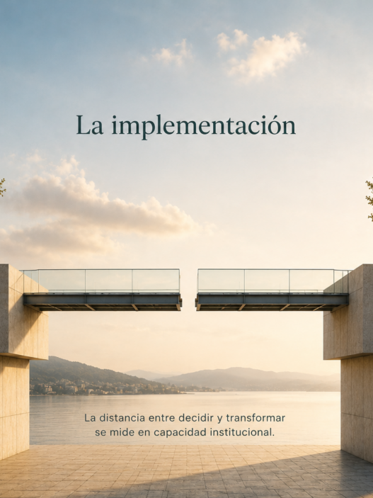 Ilustración conceptual de dos estructuras institucionales que representa el desafío de la implementación de las políticas públicas.