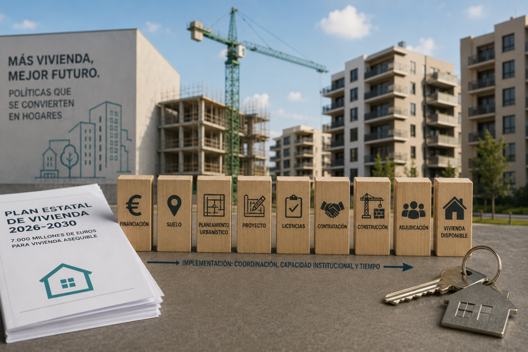 Representación de las etapas de una política de vivienda, desde la financiación y el suelo hasta la construcción, adjudicación y entrega de las viviendas.