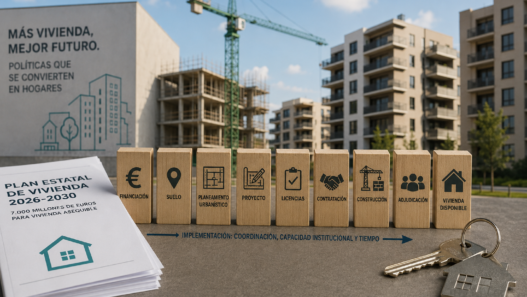 Representación de las etapas de una política de vivienda, desde la financiación y el suelo hasta la construcción, adjudicación y entrega de las viviendas.