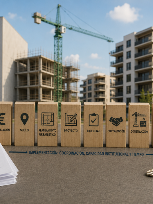 Representación de las etapas de una política de vivienda, desde la financiación y el suelo hasta la construcción, adjudicación y entrega de las viviendas.