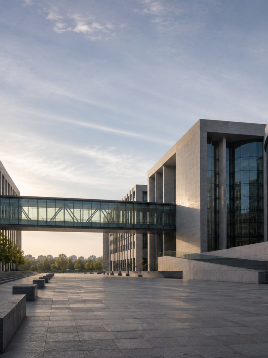 Dos edificios contemporáneos de piedra y cristal conectados por una pasarela elevada sobre una plaza pública.