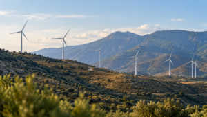 Paisaje con aerogeneradores en un entorno afectado por la sequía, como representación de los desafíos de la transición ecológica y la emergencia climática.