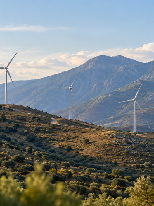 Paisaje con aerogeneradores en un entorno afectado por la sequía, como representación de los desafíos de la transición ecológica y la emergencia climática.