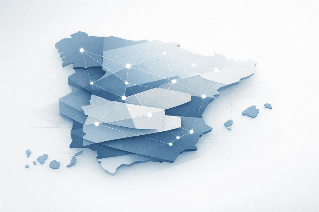 Mapa de España: conexiones que simbolizan cooperación territorial y federalismo funcional.