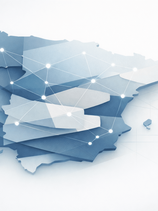 Mapa de España: conexiones que simbolizan cooperación territorial y federalismo funcional.
