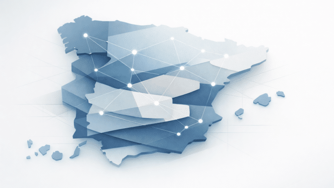 Mapa de España: conexiones que simbolizan cooperación territorial y federalismo funcional.